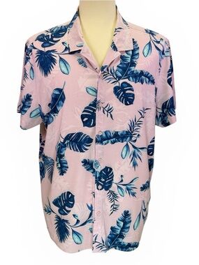 Guess Men's Tropical Pink Blue Palm Leaf Short Sleeve Hawaiian Shirt Size 2xL